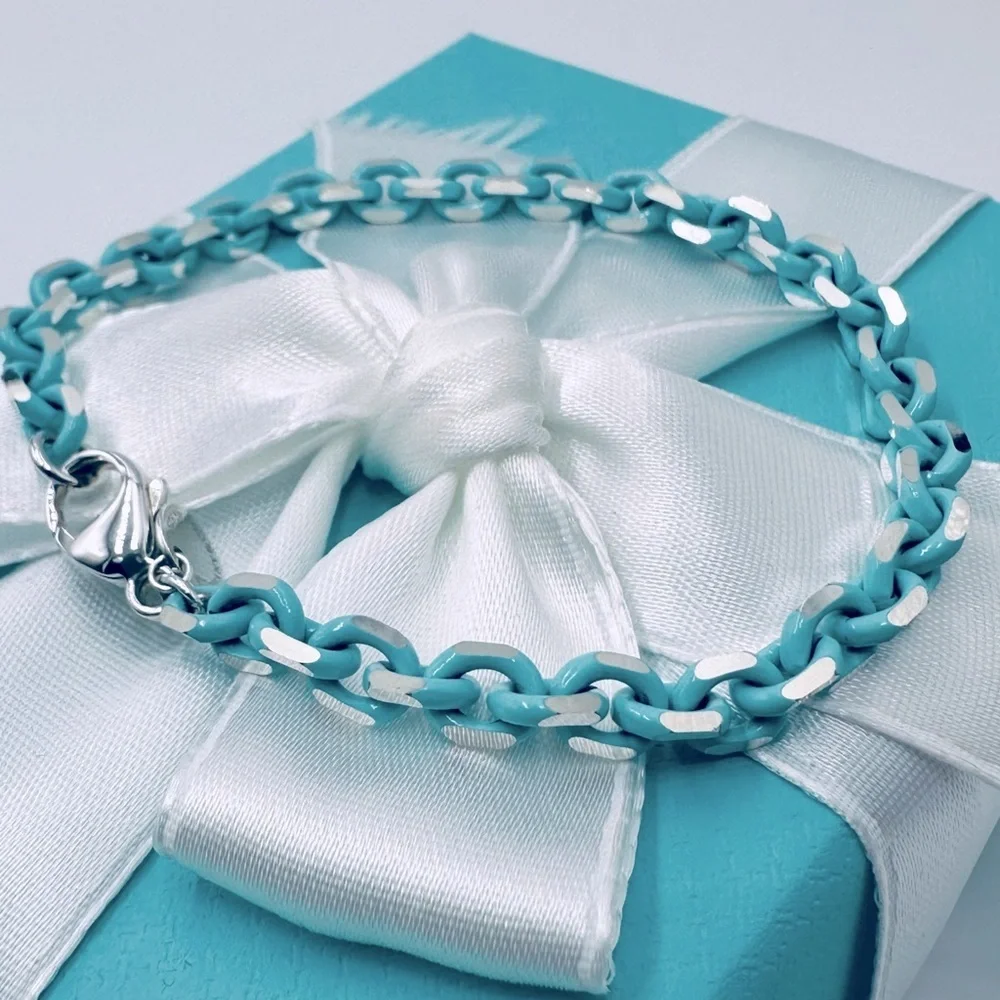 RARE Tiffany & Co. Blue Enamel Sparkle Chain Bracelet Sterling Silver with Case